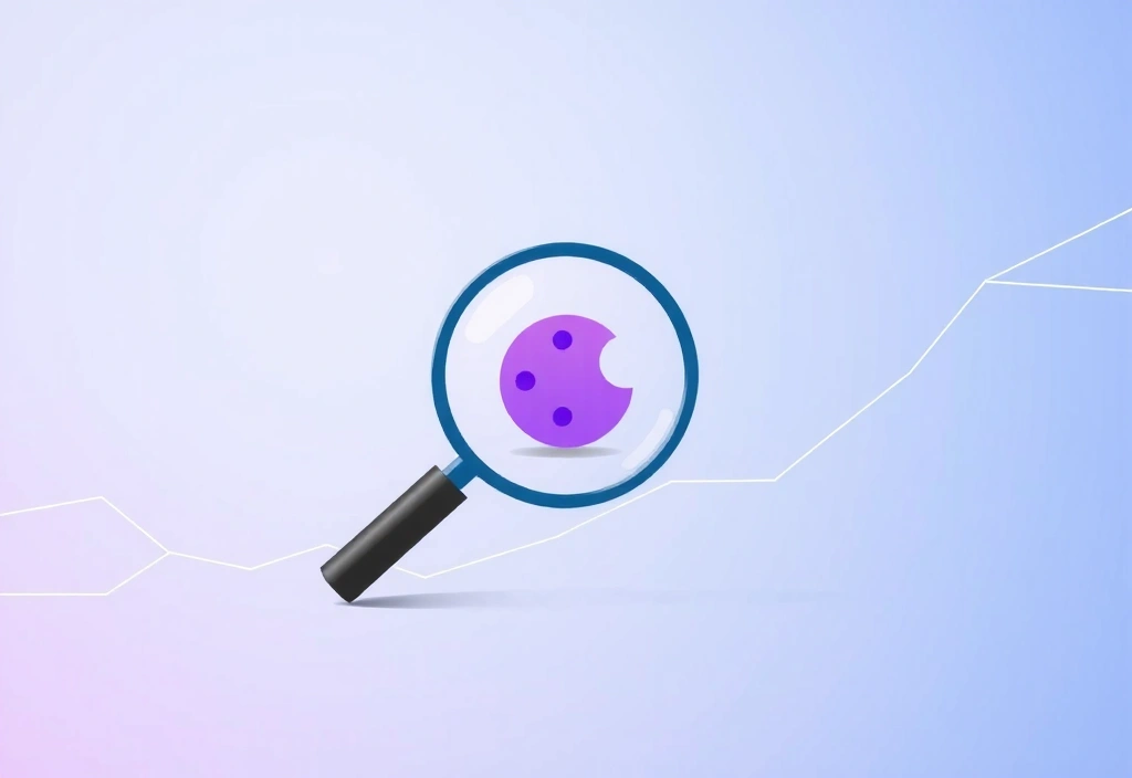 Magnifying glass examining a digital cookie icon, representing analysis and data