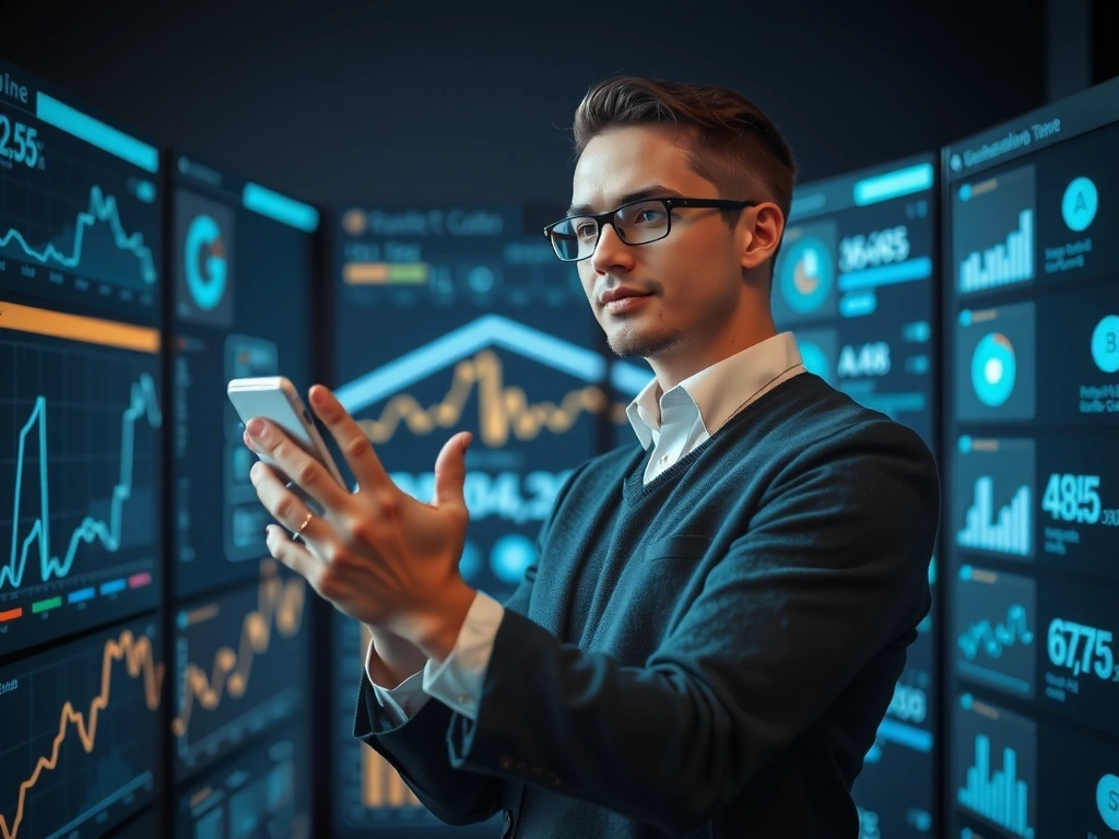 Profesjonell IT-spesialist som ser inn i fremtiden med digitale grensesnitt