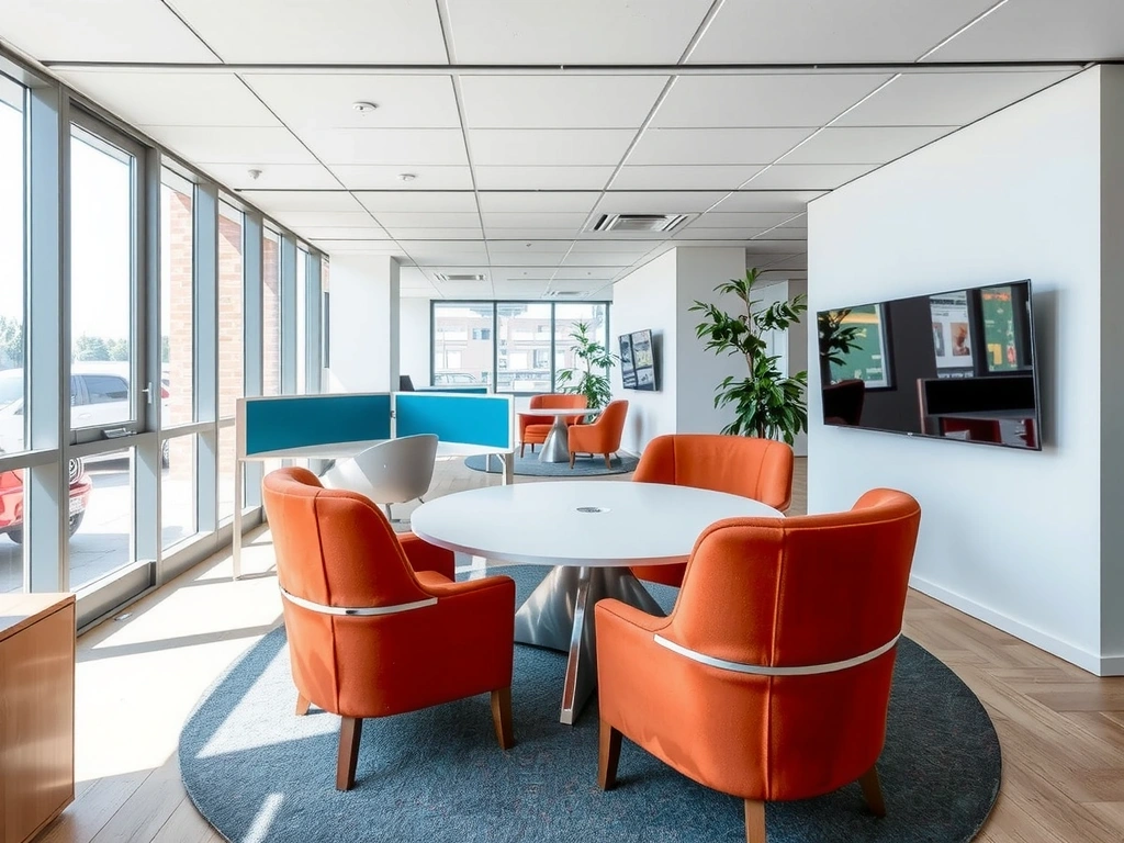 Moderne kontorinteriør med naturlig lys og teknologi