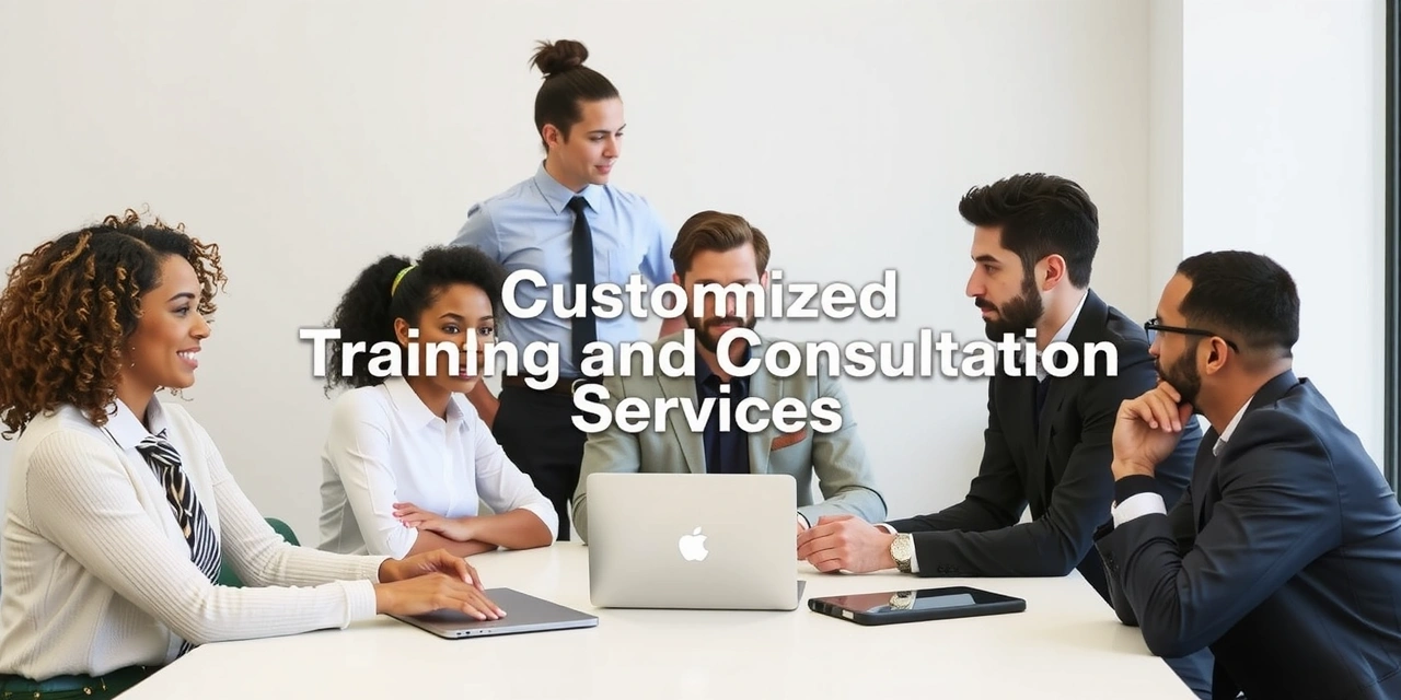 En gruppe mennesker som diskuterer og samarbeider rundt et bord med en datamaskin, symboliserer skreddersydd opplæring og konsultasjon.