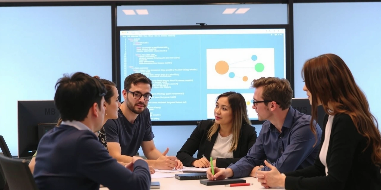 Et team av IT-fagfolk som samarbeider foran en stor skjerm med kode og diagrammer, symboliserer læring og utvikling.