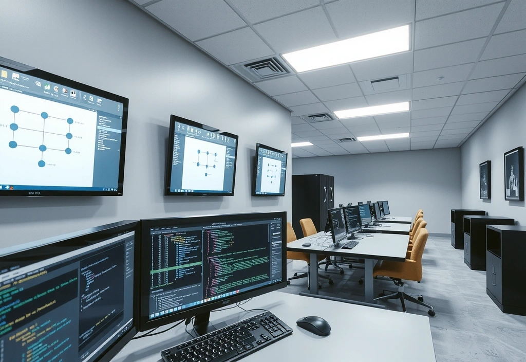 Bilde av en virtuell datalab med flere skjermer og kodelapper