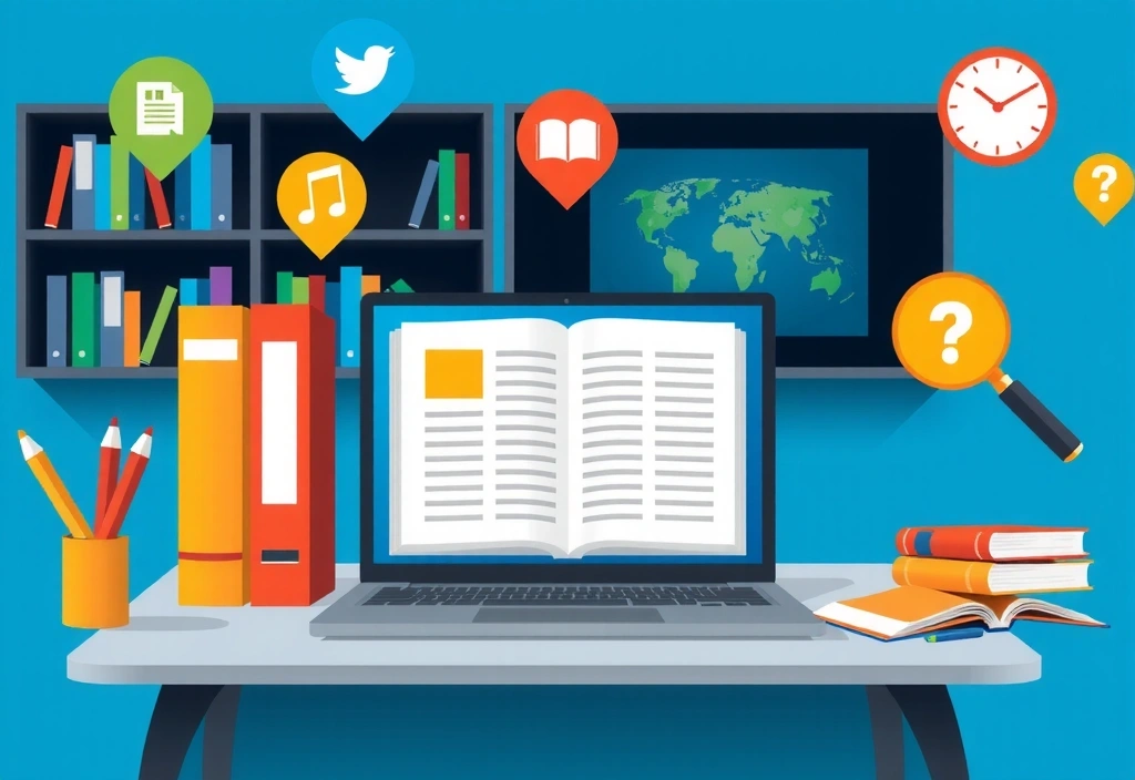 Bilde av et digitalt bibliotek med bøker og en åpen laptop