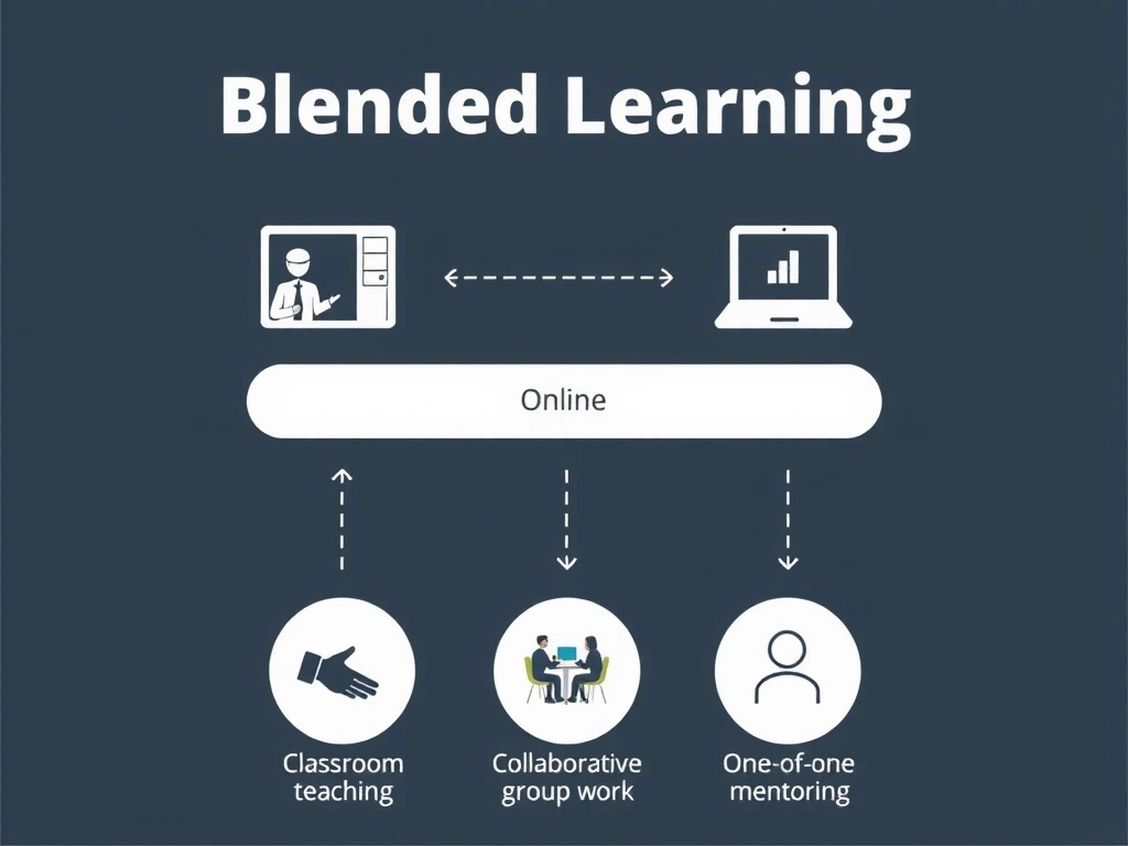 Infografikk som viser en blanding av klasseromsundervisning, online læring og gruppearbeid