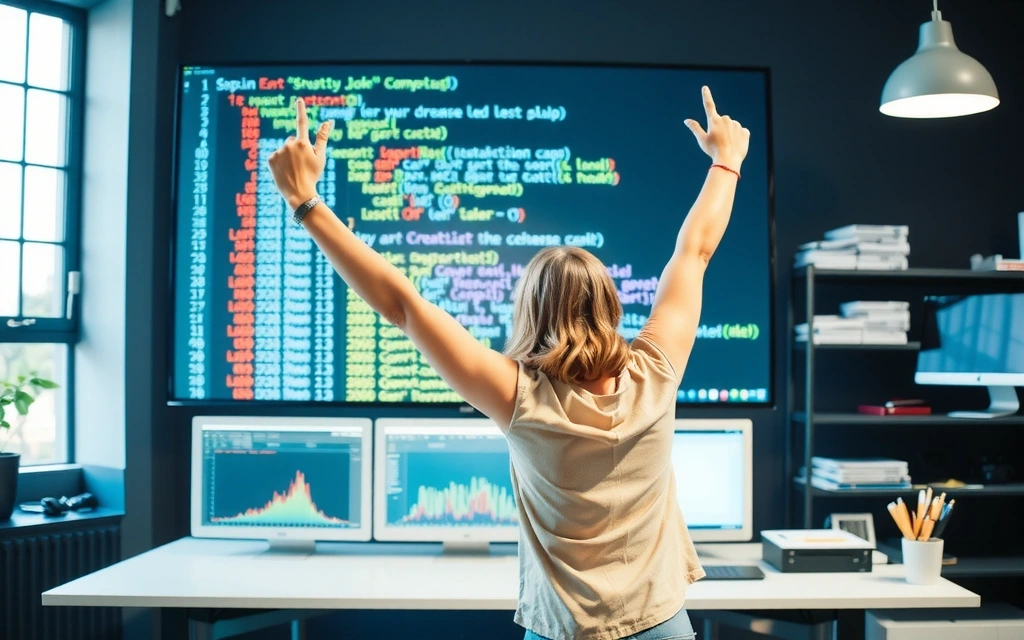 En person som feirer suksess foran en dataskjerm