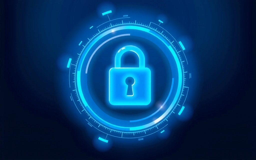 Digital security lock icon with abstract data flow in background