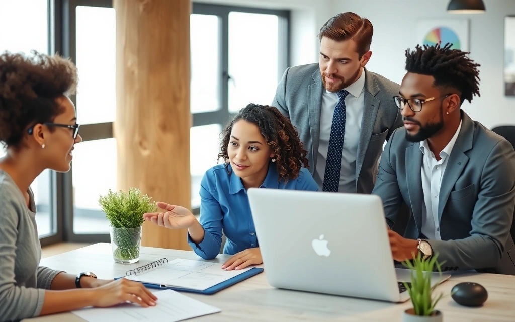 People collaborating in a modern office, using computers and discussing ideas, representing data usage and improvement