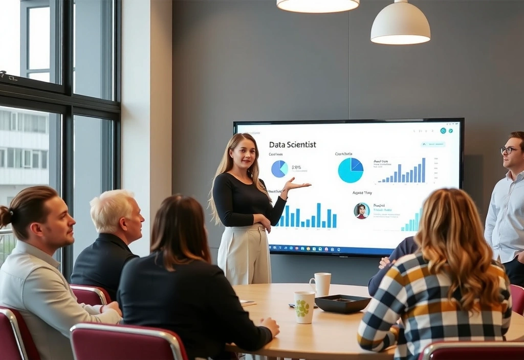 Sofie som Data Scientist som presenterer funn til et team