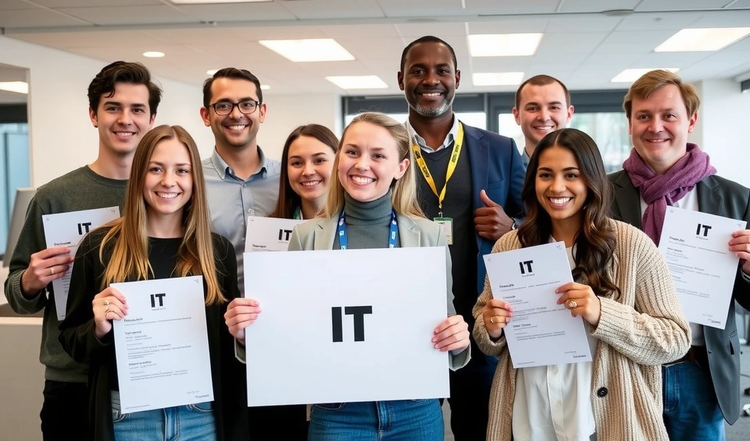 Studenter som feirer suksess etter et IT-kurs