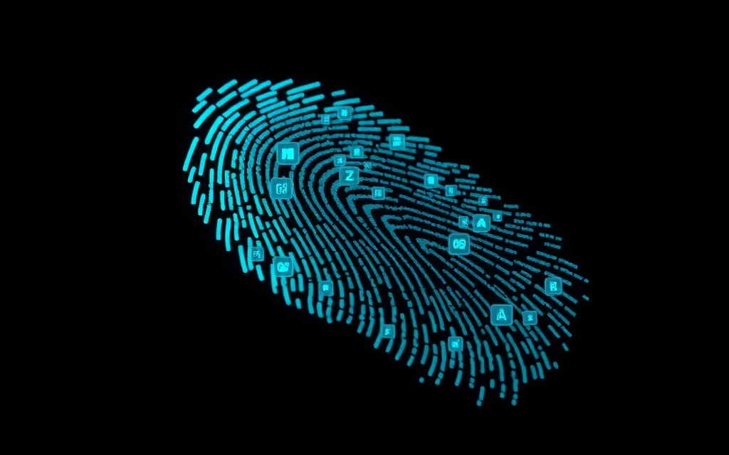 Abstrakt bilde av et digitalt fingeravtrykk, symboliserer immaterielle rettigheter og digital beskyttelse