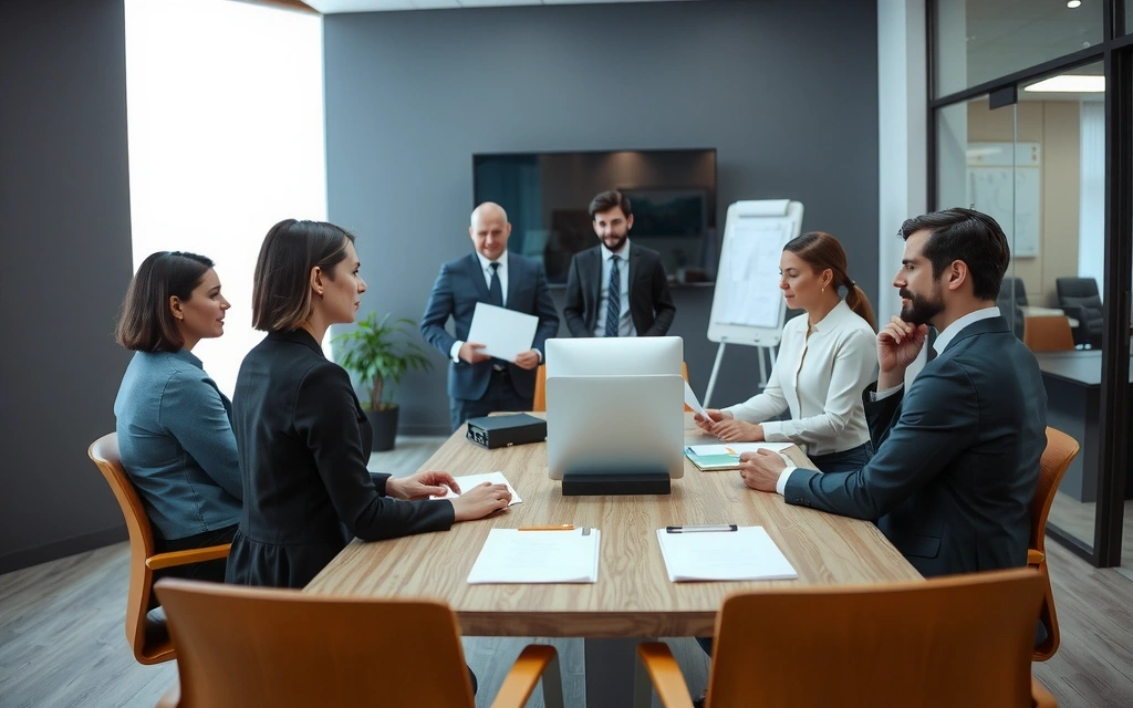 Gruppe mennesker diskuterer i et møterom, symboliserer profesjonelt samarbeid og juridiske diskusjoner