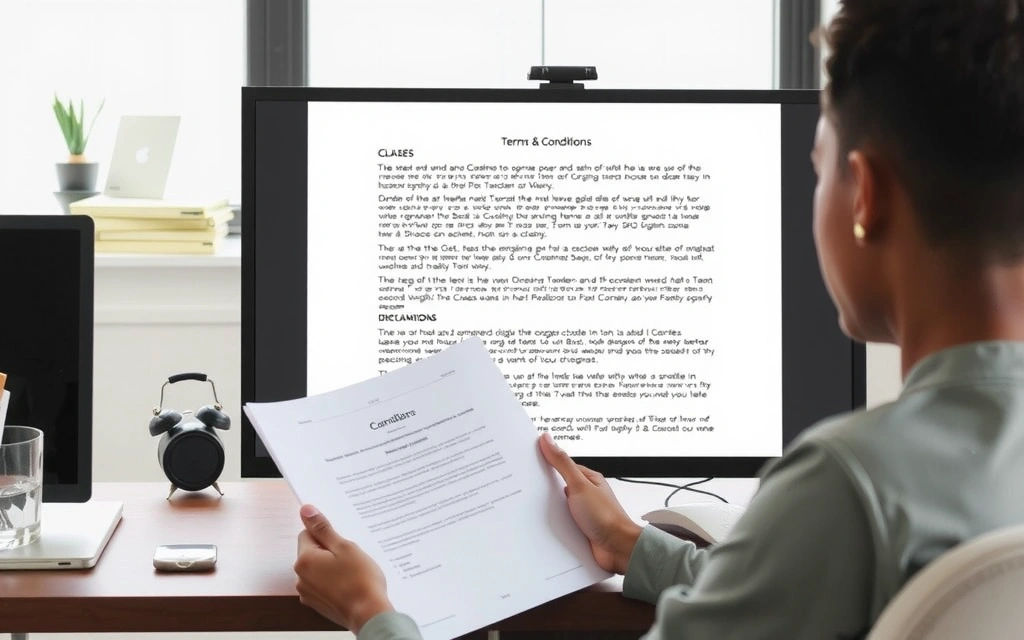 Person leser juridiske dokumenter på en datamaskin, symboliserer vilkår og betingelser